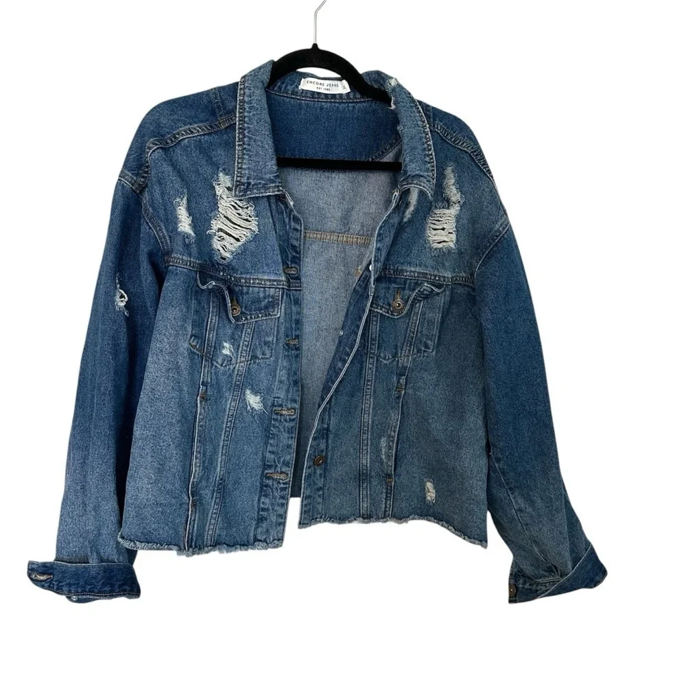 Encore Jeans Women’s Long Sleeve Distressed Raw Hem Denim Jacket Size 2XL GUC - Picture 1 of 8